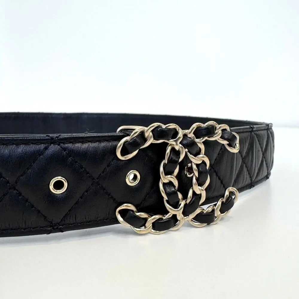 CHANEL Quilted Black Lambskin Leather Belt 90 CC Chain 19 Logo Gold Buckle 36